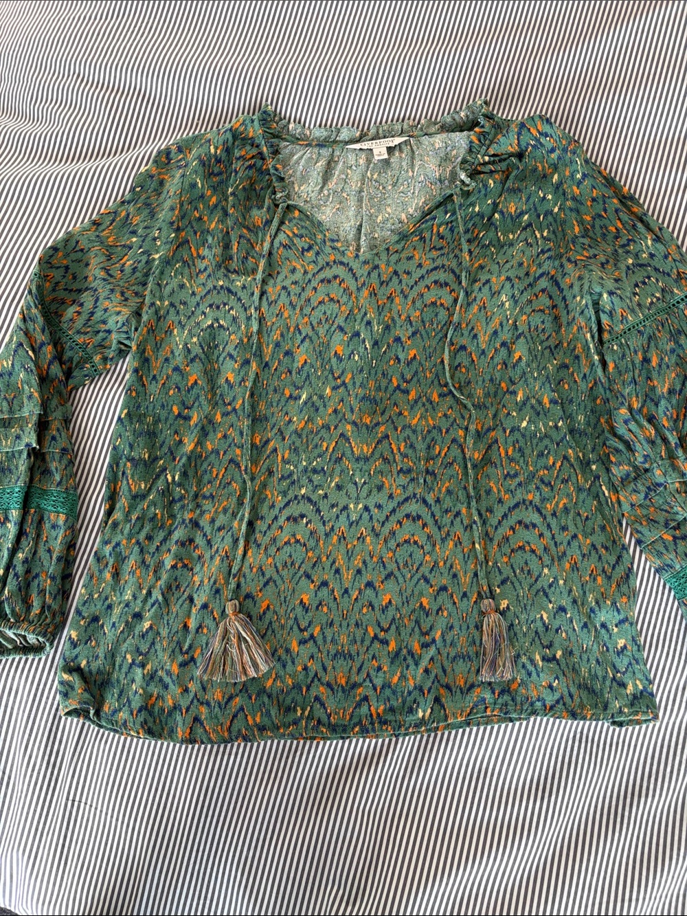 Liverpool Green Patterned Boho Blouse with Tassel Ties